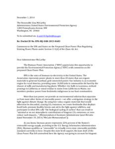 December	
  1,	
  2014	
   The	
  Honorable	
  Gina	
  McCarthy	
   Administrator,	
  United	
  States	
  Environmental	
  Protection	
  Agency	
   1200	
  Pennsylvania	
  Avenue,	
  NW	
   Washington,	
