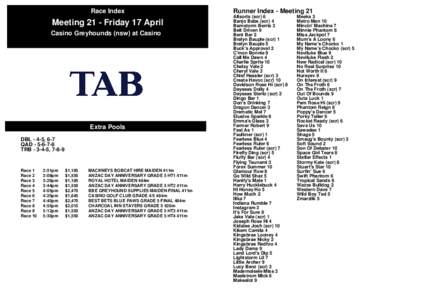 Race Index  Meeting 21 - Friday 17 April Casino Greyhounds (nsw) at Casino  Extra Pools