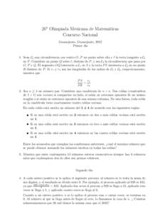 26a Olimpiada Mexicana de Matem´aticas Concurso Nacional Guanajuato, Guanajuato, 2012 Primer d´ıa  1. Sean C1 una circunferencia con centro O, P un punto sobre ella y ℓ la recta tangente a C1