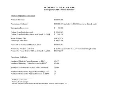 TEXAS HEALTH INSURANCE POOL First Quarter 2014 Activities Summary Financial Highlights (Unaudited) Premium Revenue:  $10,019,460