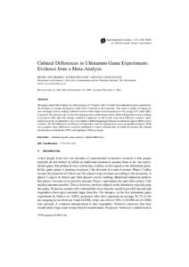 Experimental Economics, 7:171–c 2004 Economic Science Association  Cultural Differences in Ultimatum Game Experiments: Evidence from a Meta-Analysis