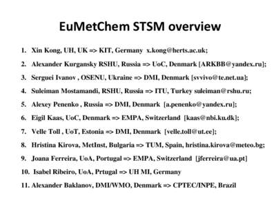 EuMetChem STSM overview 1. Xin Kong, UH, UK => KIT, Germany ; 2. Alexander Kurgansky RSHU, Russia => UoC, Denmark []; 3. Serguei Ivanov , OSENU, Ukraine => DMI, Denmark []