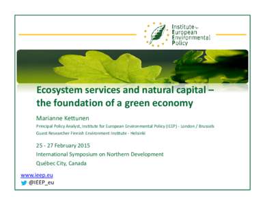Ecosystem services and natural capital – the foundation of a green economy Marianne Kettunen Principal Policy Analyst, Institute for European Environmental Policy (IEEP) - London / Brussels Guest Researcher Finnish Env