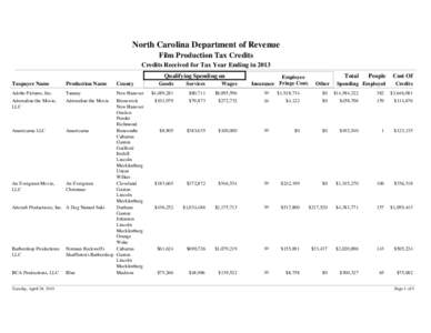 North Carolina Department of Revenue Film Production Tax Credits Credits Received for Tax Year Ending in 2013 Qualifying Spending on Taxpayer Name