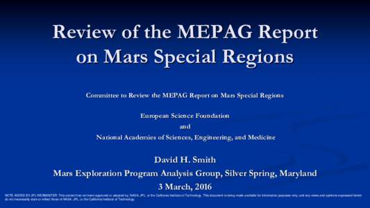 Review of the MEPAG Report on Mars Special Regions Committee to Review the MEPAG Report on Mars Special Regions European Science Foundation and