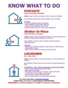KNOW WHAT TO DO EVACUATE Leave your building immediately WHEN: Issued if there is a danger inside or near your building