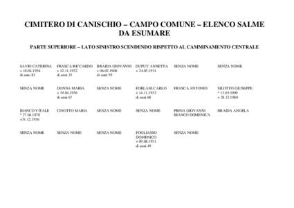 CIMITERO DI CANISCHIO – CAMPO COMUNE – ELENCO SALME DA ESUMARE PARTE SUPERIORE – LATO SINISTRO SCENDENDO RISPETTO AL CAMMINAMENTO CENTRALE SAVIO CATERINA + [removed]