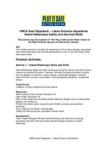 YMCA East Gippsland – Lakes Entrance Aquadome Inland Waterways Safety and Survival Skills This activity was the recipient of ‘The Play it Safe by the Water Award’ at the 2006 Victorian Aquatic and Recreation Awards