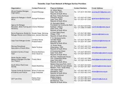 Tutumike: Cape Town Network of Refugee Service Providers Organization Contact Person (s)  African Disabled Refugee