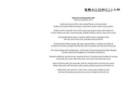 Optional Full Degustation $95 With matching wines $155 Garden tomatoes with tea salt, pickled flowers and lemon balm Sydney rock oyster pickled and oyster mayonnaise, lemon myrtle and succulents Chilled zucchini soup wit