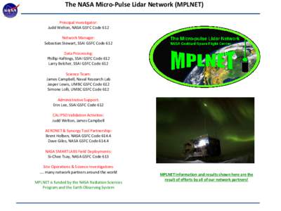 The NASA Micro-Pulse Lidar Network (MPLNET) Principal Investigator: Judd Welton, NASA GSFC Code 612 Network Manager: Sebastian Stewart, SSAI GSFC Code 612 Data Processing: