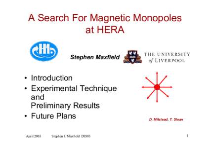 A Search For Magnetic Monopoles at HERA Stephen Maxfield • Introduction • Experimental Technique