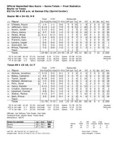 Official Basketball Box Score -- Game Totals -- Final Statistics Baylor vs Texas[removed]:49 p.m. at Kansas City (Sprint Center) Baylor 86 • 24-10, 9-9 ##