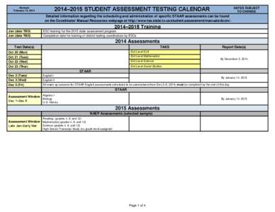 [removed]Year) Student Assessment Testing Calendar