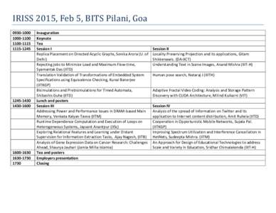 IRISS 2015, Feb 5, BITS Pilani, Goa