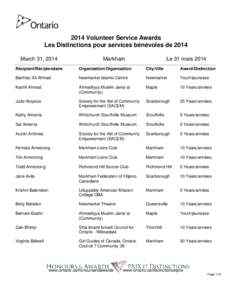 2014 Volunteer Service Awards Les Distinctions pour services bénévoles de 2014 March 31, 2014 Markham