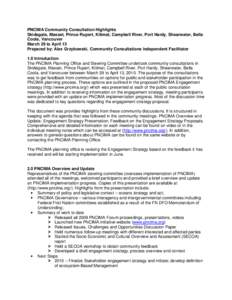 PNCIMA Community Consultation Highlights Skidegate, Masset, Prince Rupert, Kitimat, Campbell River, Port Hardy, Shearwater, Bella Coola, Vancouver March 29 to April 13 Prepared by: Alex Grzybowski, Community Consultation