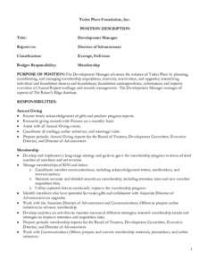 Tudor Place Foundation, Inc. POSITION DESCRIPTION Title: Development Manager