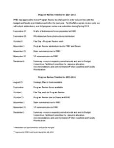 Program Review Timeline for[removed]PRBC has approved to move Program Review to a fall cycle in order to be in line with the budget and faculty prioritization cycles for the next year. For this fall program review cycl