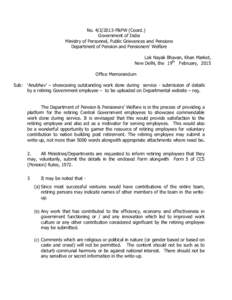 No[removed]P&PW (Coord.) Government of India Ministry of Personnel, Public Grievances and Pensions Department of Pension and Pensioners’ Welfare Lok Nayak Bhavan, Khan Market, New Delhi, the 19th February, 2015