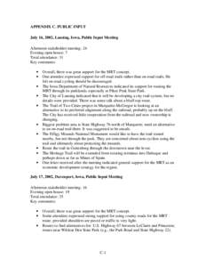 APPENDIX C. PUBLIC INPUT July 16, 2002, Lansing, Iowa, Public Input Meeting Afternoon stakeholder meeting: 24 Evening open house: 7 Total attendance: 31 Key comments: