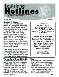 A Newsletter of the State Library of Louisiana, Talking Books and Braille Library Office of Lt. Gov., Department of Culture, Recreation & Tourism Vol. 11, No 2