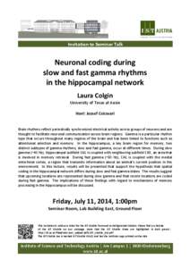 Invitation to Seminar Talk  Neuronal coding during slow and fast gamma rhythms in the hippocampal network Laura Colgin