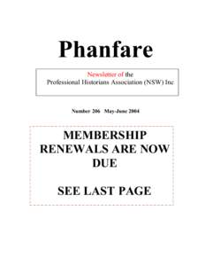 Phanfare Newsletter of the Professional Historians Association (NSW) Inc Number 206 May-June 2004