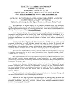 ALABAMA SECURITIES COMMISSION Post Office Box[removed]Montgomery, Alabama[removed]Telephone: ([removed]or[removed]Fax: ([removed]Email: [removed] Website: www.asc.alabama.gov ALABAMA SECURITI