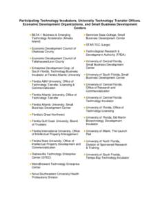 Participating Technology Incubators, University Technology Transfer Offices, and Small Business Development Centers: