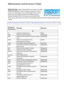 Abbreviation and Acronym Finder How to Use: Follow the hyperlinks in the single-row table below by pressing CRTL while clicking the hyperlink. Find the acronym or abbreviation and corresponding meaning. Some entries may 