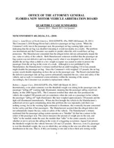 OFFICE OF THE ATTORNEY GENERAL FLORIDA NEW MOTOR VEHICLE ARBITRATION BOARD QUARTERLY CASE SUMMARIES January[removed]March[removed]1st Quarter)  NONCONFORMITY[removed]), F.S[removed])