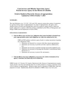 CSOSA / PSA Orderly Shutdown Plan in the Absence of Appropriations - October 7, 2013