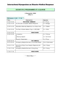 International Symposium on Disaster Medical Response SCIENTIFIC PROGRAMME AT A GLANCE 2 DecemberDay 1) PM Session 14:00 – 17:40 Time