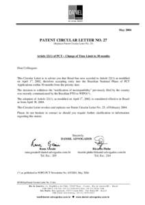 May[removed]PATENT CIRCULAR LETTER NO. 27 (Replaces Patent Circular Letter No[removed]Article[removed]of PCT – Change of Time Limit to 30 months