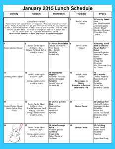 January 2015 Lunch Schedule Monday 1 Tuesday