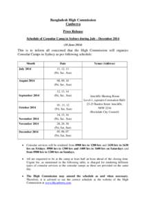 Bangladesh High Commission Canberra Press Release Schedule of Consular Camp in Sydney during July - December[removed]June 2014)