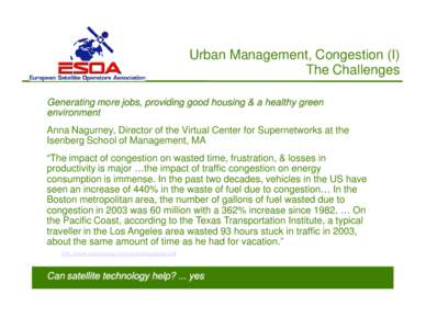 Urban Management, Congestion (I) The Challenges Generating more jobs, providing good housing & a healthy green environment Anna Nagurney, Director of the Virtual Center for Supernetworks at the Isenberg School of Managem