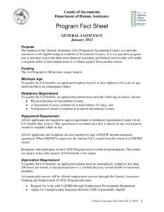 County of Sacramento Department of Human Assistance Program Fact Sheet GENERAL ASSISTANCE January 2012