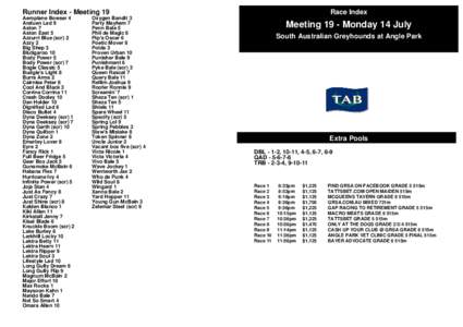 Runner Index - Meeting 19 Aeroplane Bowser 4 Araluen Lad 9 Aston 7 Aston East 5 Azzurri Blue (scr) 2