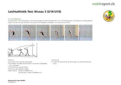 Leichtathletik-Test: Niveau 5 (U14/U16) 5.3 Handballwurf Einarmiger Wurf mit dem Handball aus 5-Schritt-Anlauf gegen die Wand. Mit gestrecktem Arm in Rückhalte beginnen. Der Startort kann beliebig gewählt werden. Der B