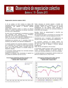 Negociación colectiva outubro[removed]A 15 de outubro de 2013 existen en Galicia 855 convenios colectivos, xa sexan vixentes ou prorrogados tacitamente, que afectan a