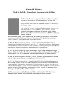 Privy Council Office / Clerk of the Privy Council / Deputy minister / Human Resources and Skills Development Canada / University of Saskatchewan / Kevin G. Lynch / Government of Canada / Government / Wayne Wouters