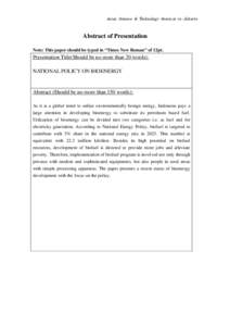 Asian Science & Technology Seminar in Jakarta  Abstract of Presentation Note: This paper should be typed in “Times New Roman” of 12pt.  Presentation Title(Should be no more than 20 words):