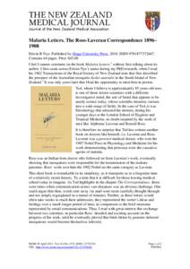 THE NEW ZEALAND MEDICAL JOURNAL Journal of the New Zealand Medical Association Malaria Letters. The Ross-Laveran Correspondence 1896– 1908