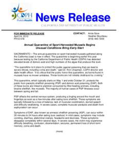 News Release CALIFORNIA DEPARTMENT OF PUBLIC HEALTH CONTACT: FOR IMMEDIATE RELEASE April 24, 2013