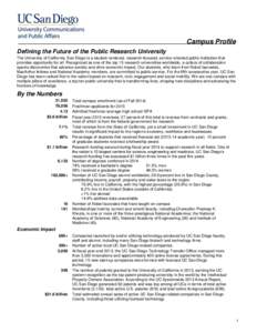 Campus Profile Defining the Future of the Public Research University The University of California, San Diego is a student-centered, research-focused, service-oriented public institution that provides opportunity for all.