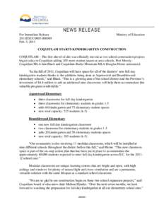 NEWS RELEASE For Immediate Release 2011EDUC0005[removed]Feb. 3, 2011  Ministry of Education