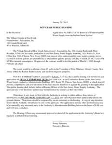 January 29, 2015 NOTICE OF PUBLIC HEARING In the Matter of Application No. RBS-33A for Renewal of Uninterruptible Water Supply from the Raritan Basin System