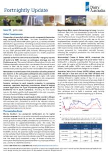 Issue 22 – 31 October Chinese dairy imports fell 13% last month, compared to September 2013, according to GTIS data. The main contributors were a reduction in purchases of SMP (down 45% to 16,132 tonnes) and WMP (down 